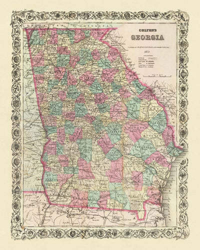 Ancienne carte de la Géorgie par JH Colton, 1871 : Savannah, Augusta, Columbus, Macon et Athènes