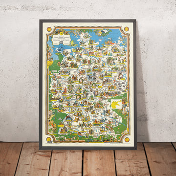 Old Map of German Fairytales, 1960: Little Red Riding Hood, Hansel & Gretel, Grimm Tales, Deutsche Bundesbahn