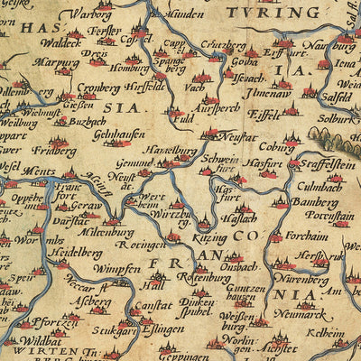 Mapa antiguo de Alemania de Ortelius, 1573: Rin, Elba, Danubio, Alpes, Mar Báltico