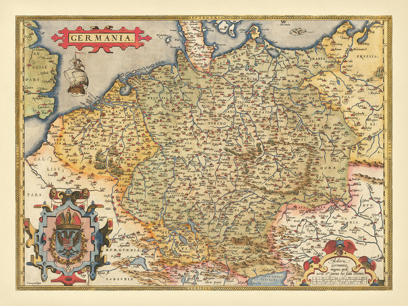 Old Map of Germany, the Holy Roman Empire by Ortelius, 1573: Germania, Poland, Rhine, Elbe, Danube, Alps, Baltic Sea