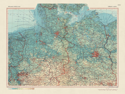 Ancienne carte de l'Allemagne du Nord réalisée par le service topographique de l'armée polonaise, 1967 : Rhénanie du Nord-Westphalie, Schleswig-Holstein, Brême, Hambourg, Basse-Saxe