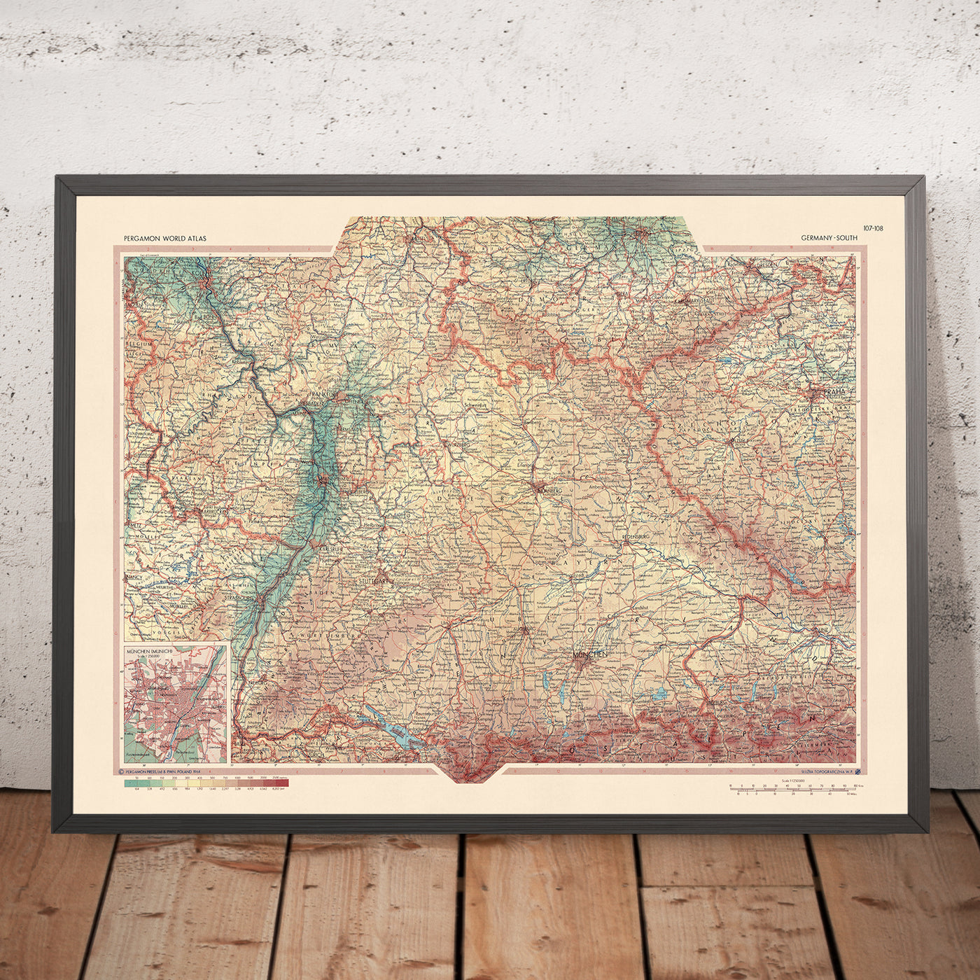 Ancienne carte du sud de l'Allemagne établie par le service topographique de l'armée polonaise, 1967 : Rhénanie-Palatinat, Bade-Wurtemberg, Thuringe, Hesse, Bavière