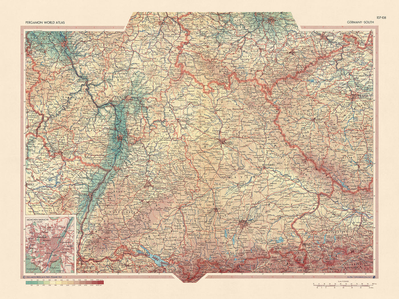 Old Map of Southern Germany, 1967: Rhineland-Palatinate, Baden-Württemberg, Thuringia, Hesse, Bavaria