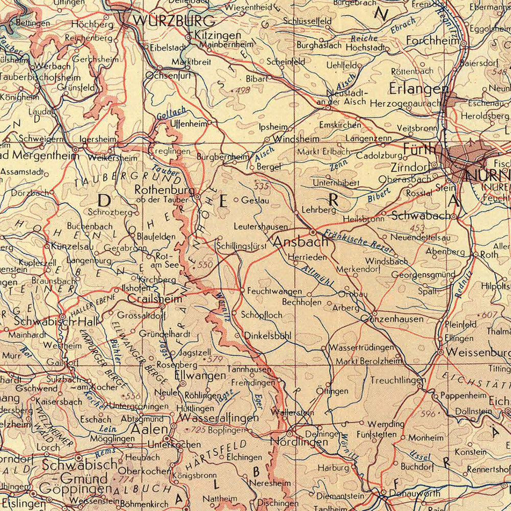 Ancienne carte du sud de l'Allemagne établie par le service topographique de l'armée polonaise, 1967 : Rhénanie-Palatinat, Bade-Wurtemberg, Thuringe, Hesse, Bavière