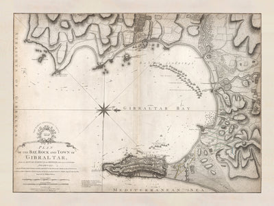 Old Map of Gibraltar by William Faden, 1775: Gibraltar Harbor, Catalan Bay, Europa Point, the Rock of Gibraltar, Alameda Gardens