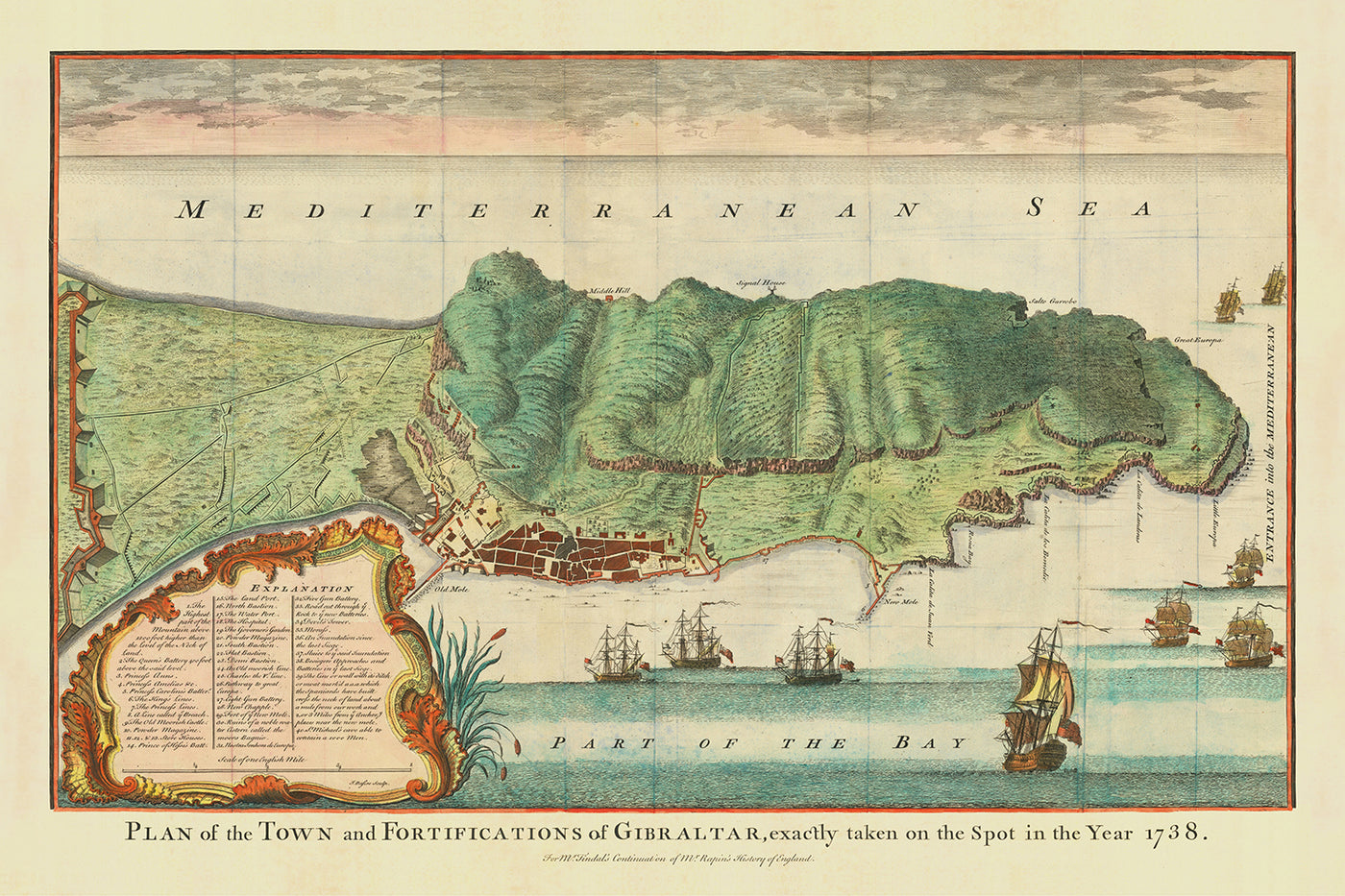 Old Map of Gibraltar by Paul de Rapin, 1745: Town of Gibraltar, Bay of Gibraltar, Strait of Gibraltar, Mediterranean Sea