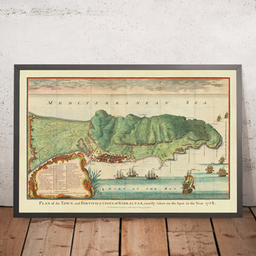 Old Map of Gibraltar by Paul de Rapin, 1745: Town of Gibraltar, Bay of Gibraltar, Strait of Gibraltar, Mediterranean Sea