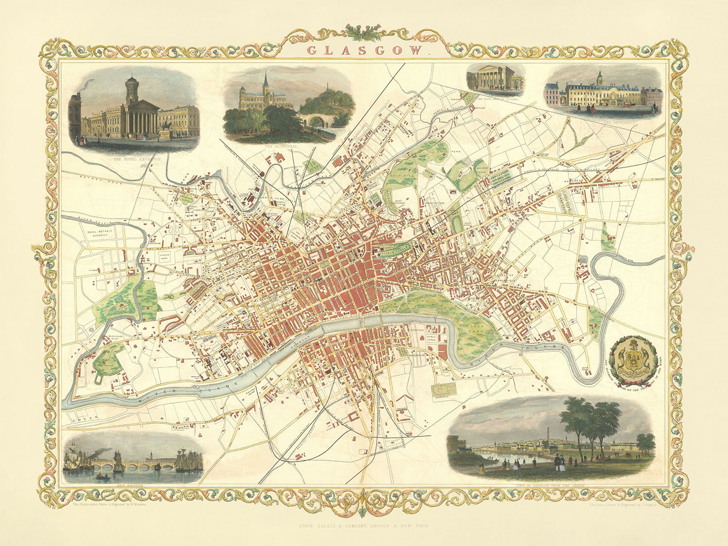 Old Map of Glasgow, 1851: Royal Exchange, University, Necropolis, Rive ...