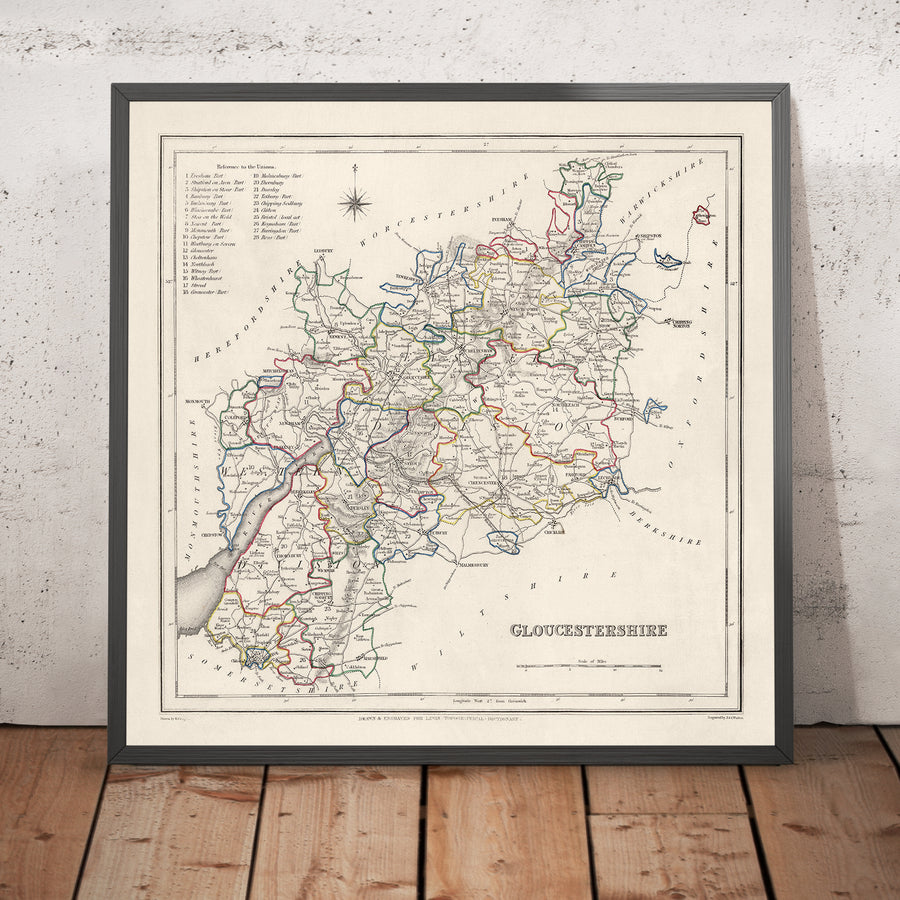 Mappa antica del Gloucestershire di Samuel Lewis, 1844: Bristol, Cheltenham, Cirencester, Stroud, Tewkesbury 