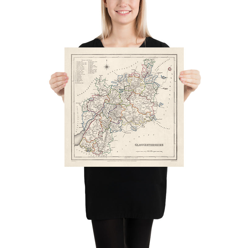 Mappa antica del Gloucestershire di Samuel Lewis, 1844: Bristol, Cheltenham, Cirencester, Stroud, Tewkesbury 