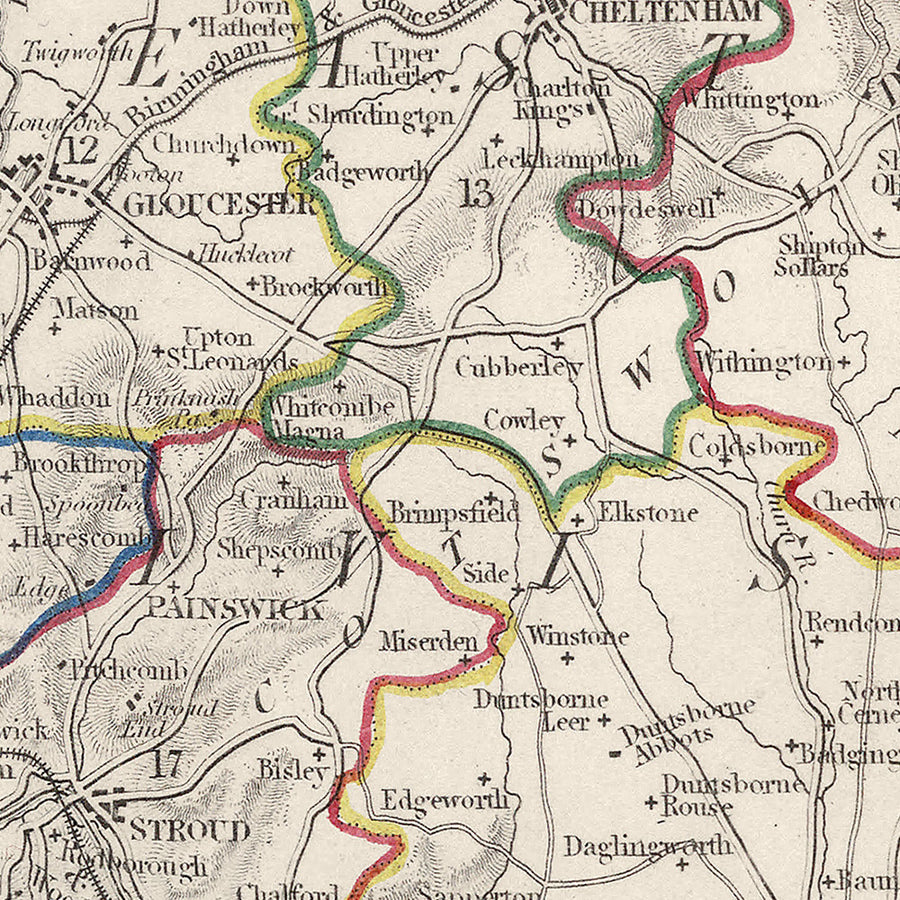 Mappa antica del Gloucestershire di Samuel Lewis, 1844: Bristol, Cheltenham, Cirencester, Stroud, Tewkesbury 