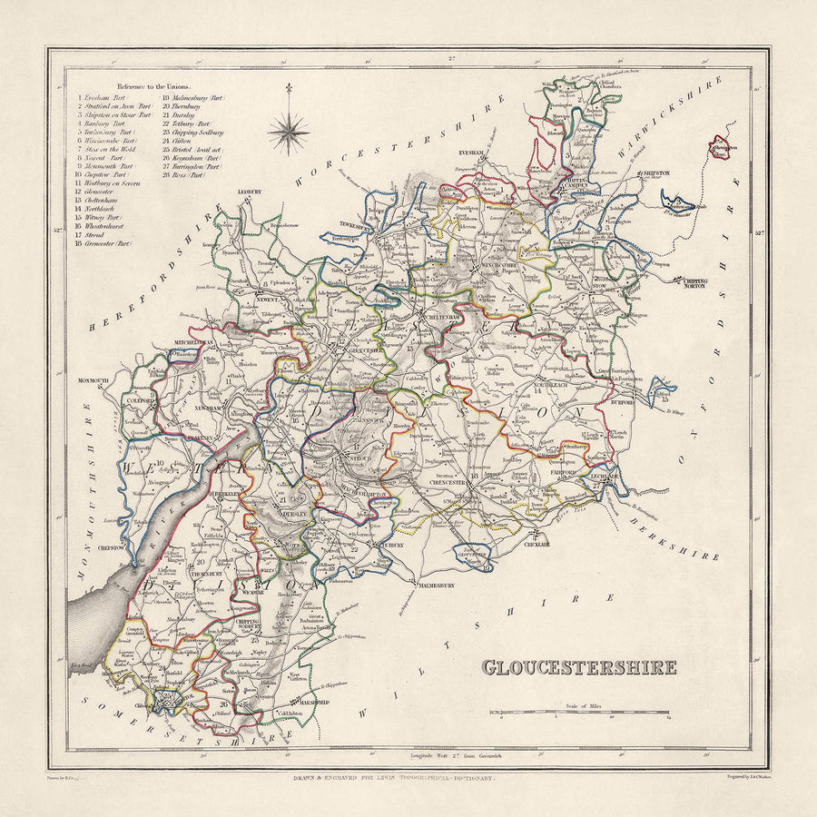 Mappa antica del Gloucestershire di Samuel Lewis, 1844: Bristol, Cheltenham, Cirencester, Stroud, Tewkesbury 