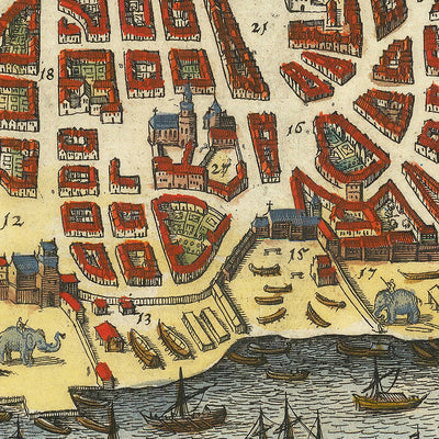 Carte ancienne de Goa à vol d'oiseau par Merian, 1650 : île de Divar, église Saint-François, palais du vice-roi, rivière Zuari, Ins. Chora