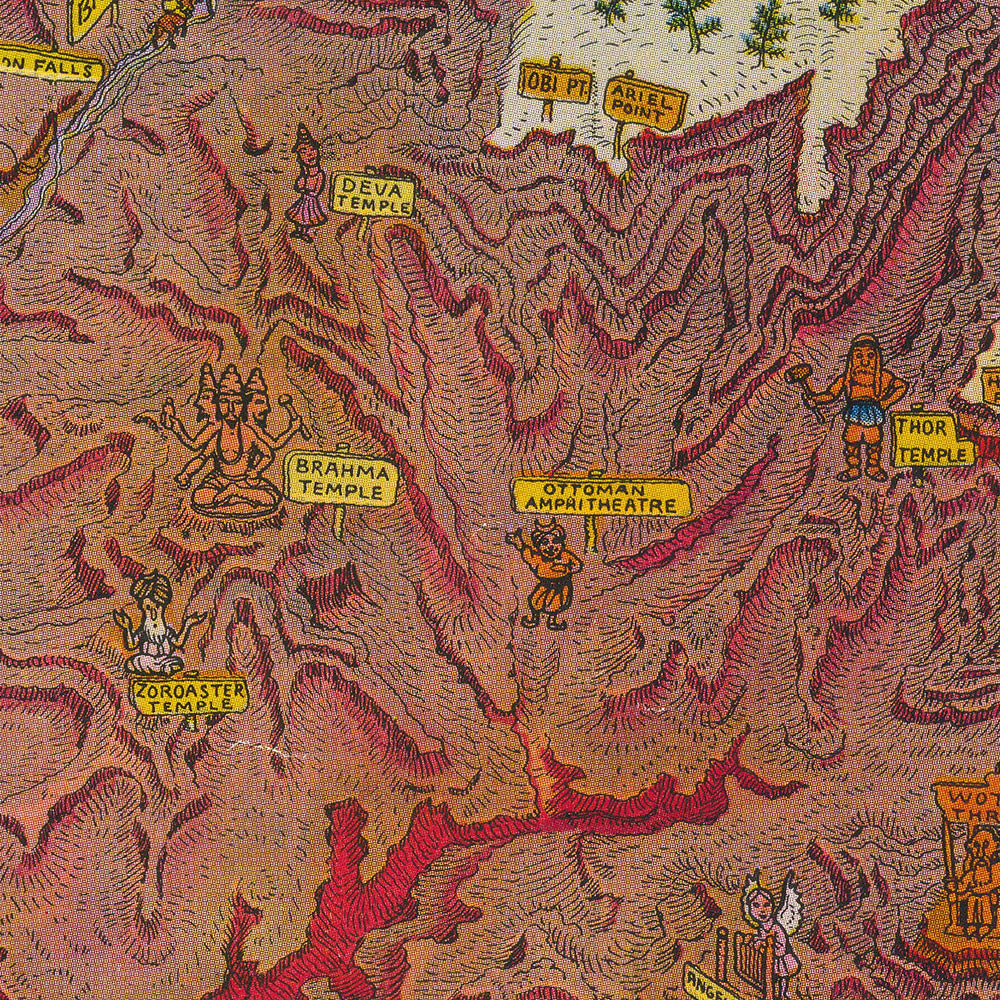 Ancienne carte picturale du Grand Canyon par Mora, 1931 : Bright Angel Trail, Phantom Ranch, Hopi House, El Tovar, Temple de Vishnu