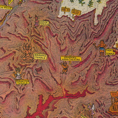Old Pictorial Map of Grand Canyon by Mora, 1931: Bright Angel Trail, Phantom Ranch, Hopi House, El Tovar, Vishnu Temple