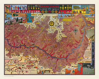 Antiguo mapa pictórico del Gran Cañón por Mora, 1931: Bright Angel Trail, Phantom Ranch, Hopi House, El Tovar, Vishnu Temple