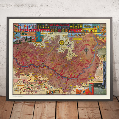 Antiguo mapa pictórico del Gran Cañón por Mora, 1931: Bright Angel Trail, Phantom Ranch, Hopi House, El Tovar, Vishnu Temple