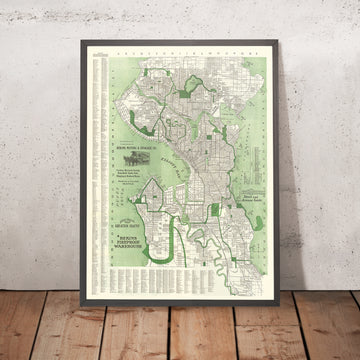 Ancienne carte de Seattle, 1913 : marché de Pike Place, Université de Washington, Green Lake, Lake Washington, Smith Tower