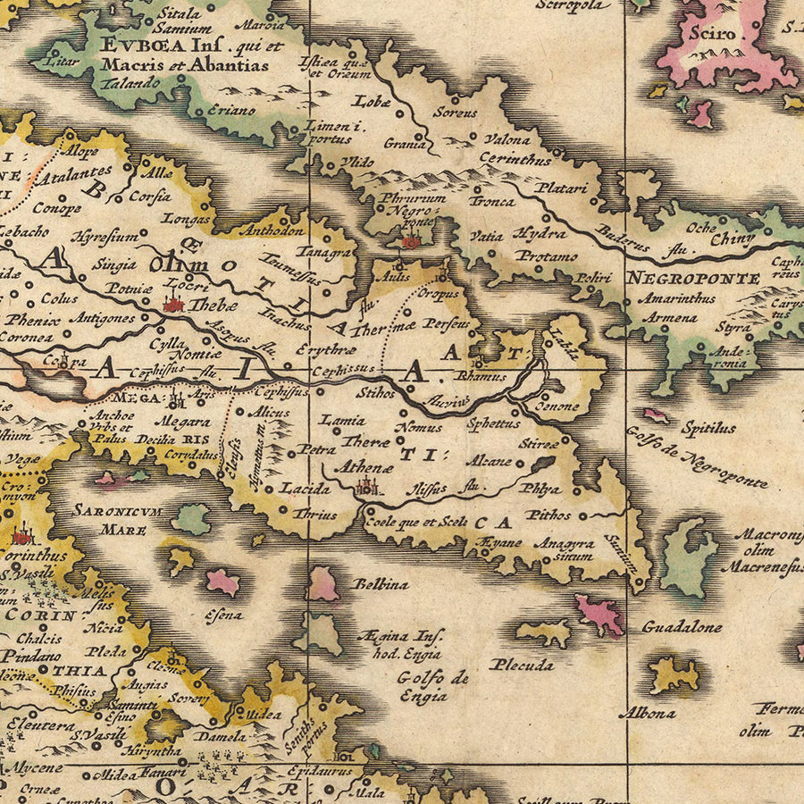Mappa antica di Grecia, Turchia e Aegeo di Visscher, 1690: Atene, Creta, Isole Saroniche, Cicladi, Dodecaneso 