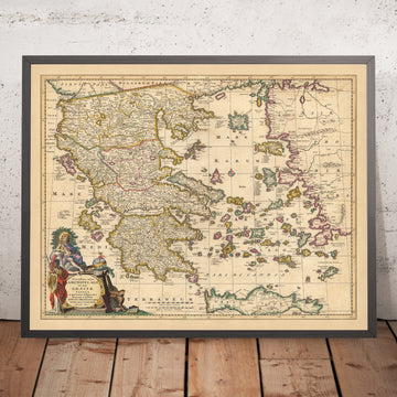 Mapa antiguo de Grecia, Turquía y el Egeo por Visscher, 1690: Atenas, Creta, Islas Sarónicas, Cícladas, Dodecaneso