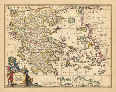 Old Map of Greece, Turkey & Aegean by Visscher, 1690: Athens, Crete, Saronic Islands, Cyclades, Dodecanese