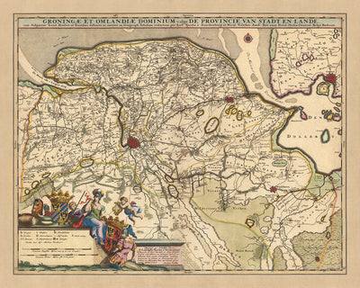 Ancienne carte de Groningue et d'Omland par Visscher, 1690 : Emden, Winschoten, Veendam, Delfzijl, Musée de la forteresse de Bourtange