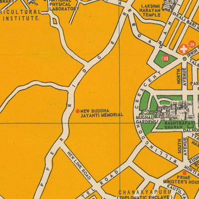 Mapa antiguo de Delhi, 1961: Fuerte Rojo, Qutab Minar, Puerta de la India, Casa del Parlamento, Connaught Place