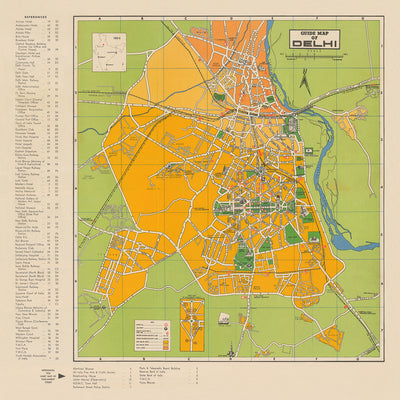 Mapa antiguo de Delhi, 1961: Fuerte Rojo, Qutab Minar, Puerta de la India, Casa del Parlamento, Connaught Place