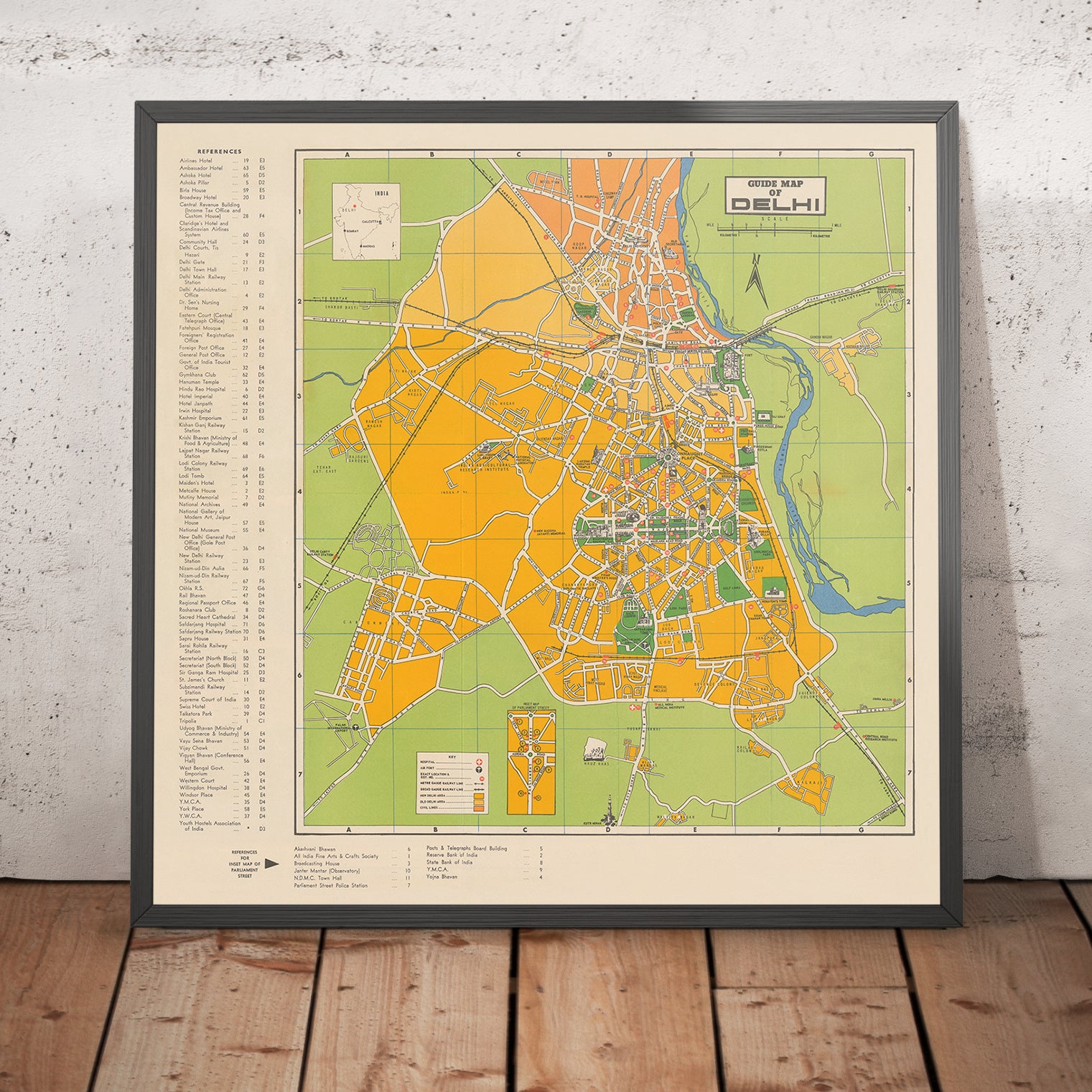 Alte Karte von Delhi, 1961: Rotes Fort, Qutab Minar, India Gate, Parla ...