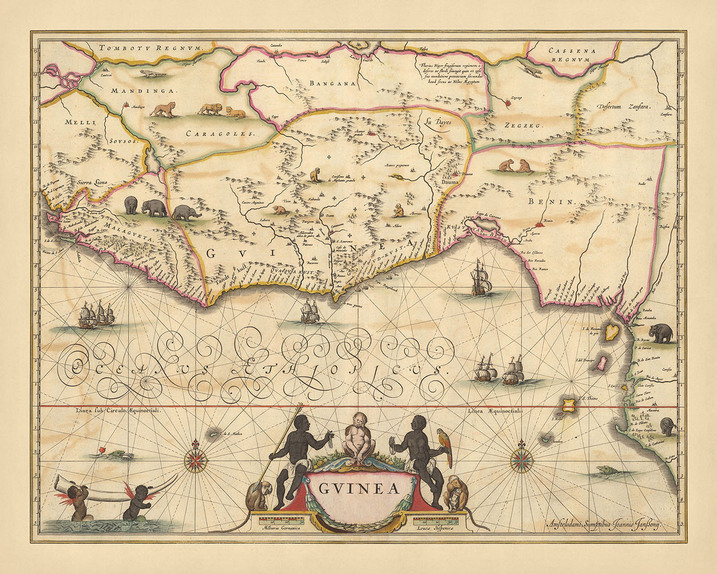 Mapa antiguo de Guinea de Visscher, 1690: África occidental, Lomé, Lagos, Abiyán, río Níger