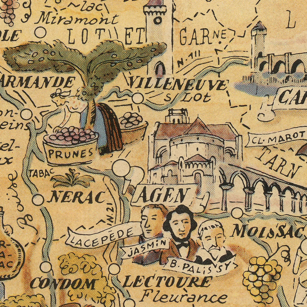 Old Pictorial Map of Guyenne & Gascogne by Liozu, 1951: Bordeaux, Pau, Château de Pau, Tarbes, Agen