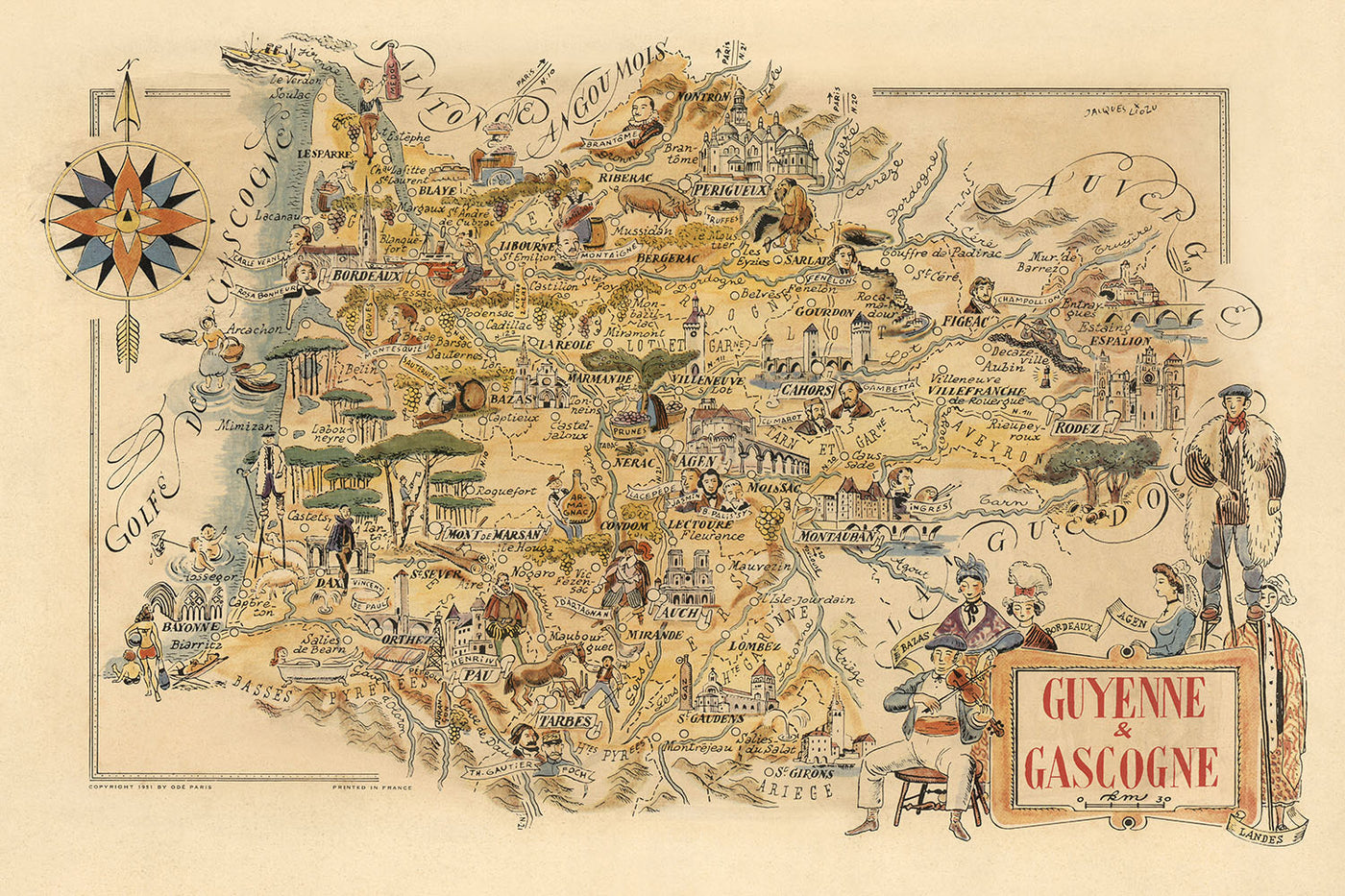 Antiguo mapa pictórico de Guyena y Gascuña de Liozu, 1951: Burdeos, Pau, Castillo de Pau, Tarbes, Agen