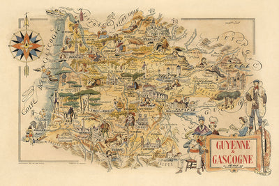 Alter bildlicher Stadtplan von Guyenne & Gascogne von Liozu, 1951: Bordeaux, Pau, Château de Pau, Tarbes, Agen 