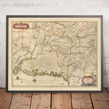 Mappa Antica della Guascogna, Francia di Visscher, 1690: Tolosa, Bordeaux, Donostia-San-Sebastian, Pau, Pirenei 