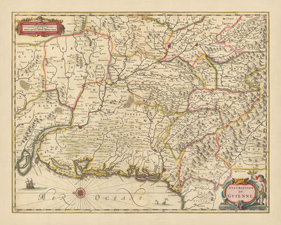 Old Map of Guyenne, France by Visscher, 1690: Toulouse, Bordeaux, Donostia-San-Sebastian, Pau, Pyrénées
