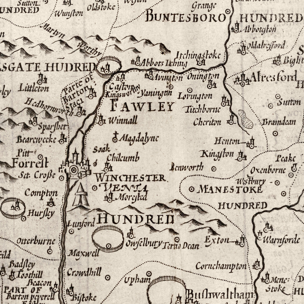 Old Map of Hampshire, 1611 by John Speed -  Winchester, Portsmouth, Southampton, Basingstoke