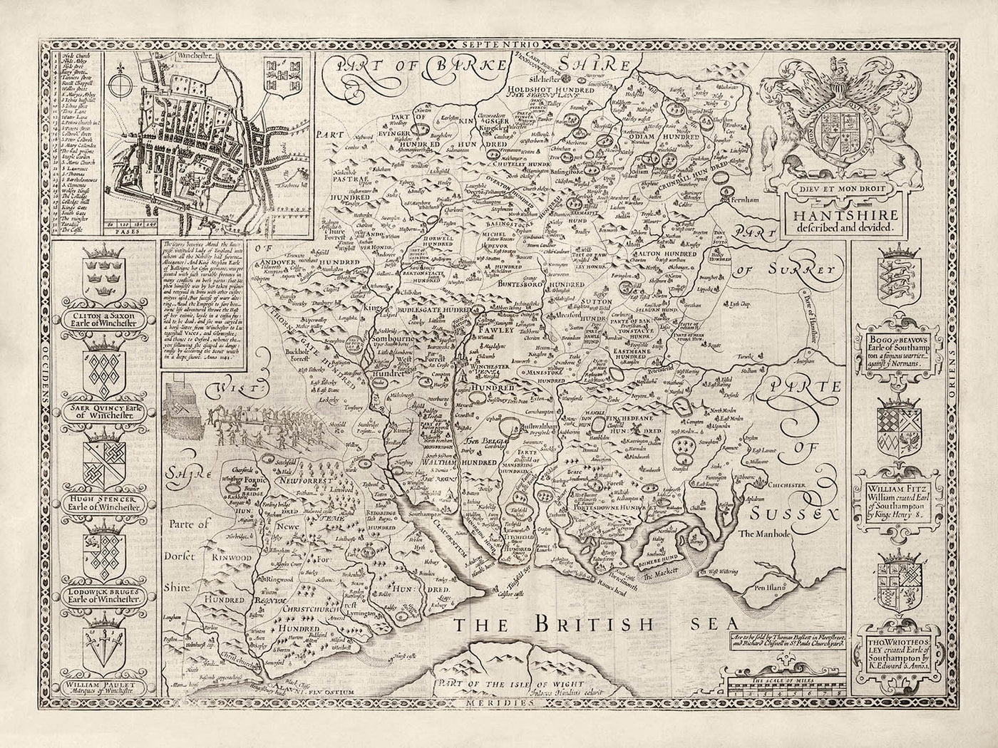 Old Map of Hampshire, 1611 by John Speed -  Winchester, Portsmouth, Southampton, Basingstoke