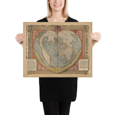 Alte Weltkarte „Herzförmige Welt“ von Fine, 1534: Herzförmige Projektion, Terra Australis, lateinische Anmerkungen