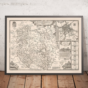 Mapa antiguo de Herefordshire por Speed, 1611: Hereford, Leominster, río Wye, batalla, escudos de armas