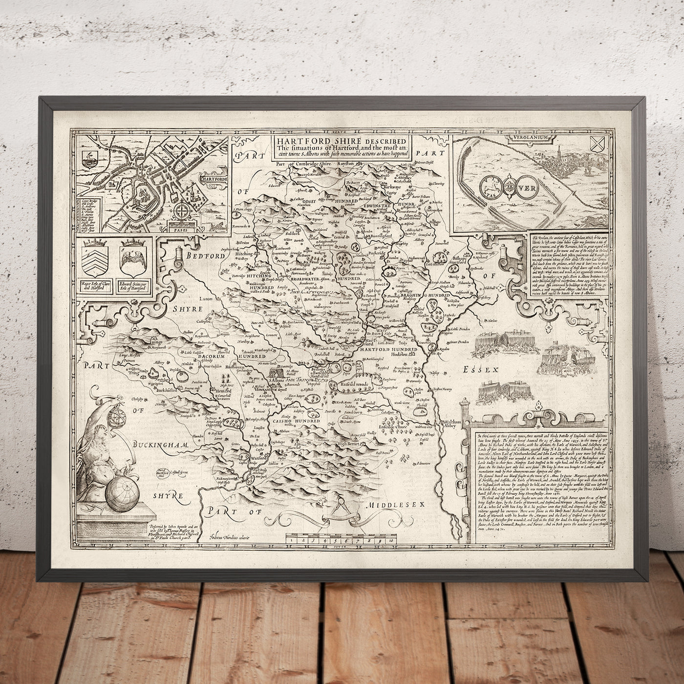 Alte Karte von Hertfordshire, 1611, John Speed - Stevenage, St Albans, Watford, Hemel Hempstead 
