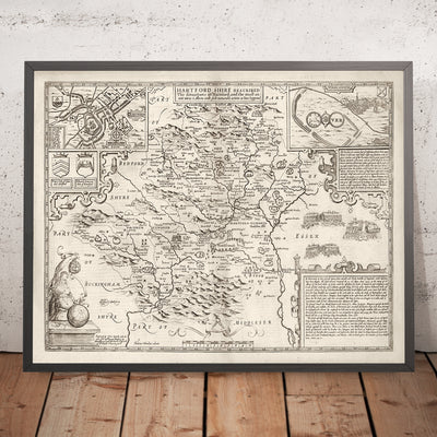 Alte Karte von Hertfordshire, 1611, John Speed - Stevenage, St Albans, Watford, Hemel Hempstead 
