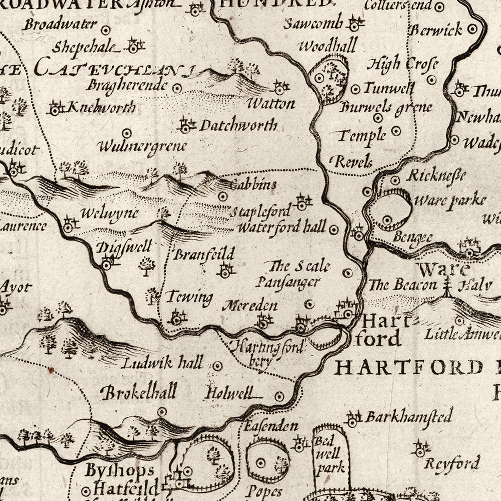 Alte Karte von Hertfordshire, 1611, John Speed - Stevenage, St Albans, Watford, Hemel Hempstead 
