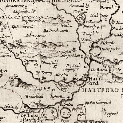 Alte Karte von Hertfordshire, 1611, John Speed - Stevenage, St Albans, Watford, Hemel Hempstead 