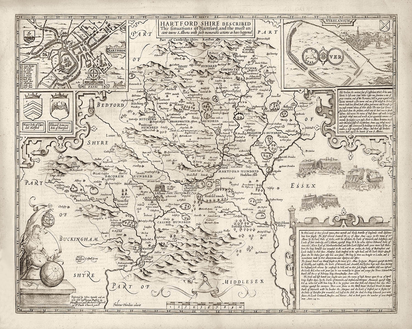 Alte Karte von Hertfordshire, 1611, John Speed - Stevenage, St Albans, Watford, Hemel Hempstead 