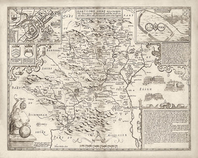 Alte Karte von Hertfordshire, 1611, John Speed - Stevenage, St Albans, Watford, Hemel Hempstead 