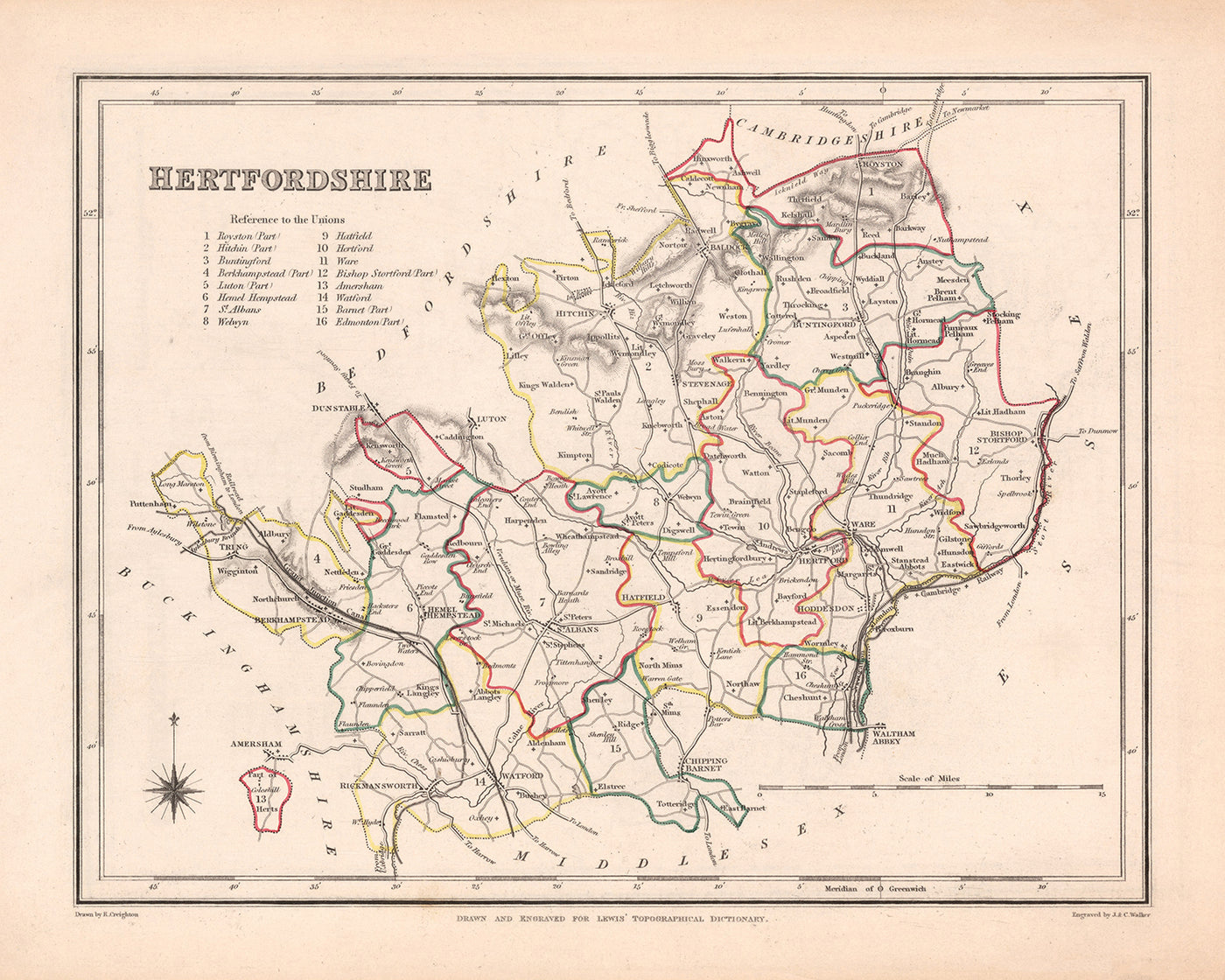 Alte Karte von Hertfordshire von Samuel Lewis, 1844: St Albans, Watford, Hemel Hempstead, Stevenage, Hitchin