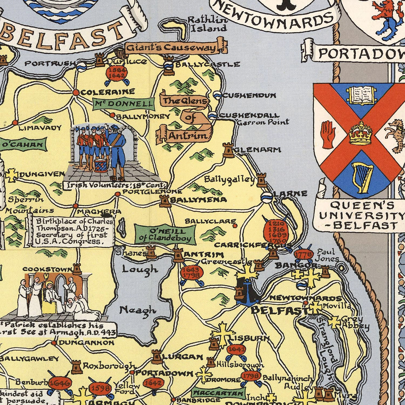 Alter bildlicher Stadtplan von Irland von Bullock, 1955: Historische Schlachten, Familiennamen, Wappen 