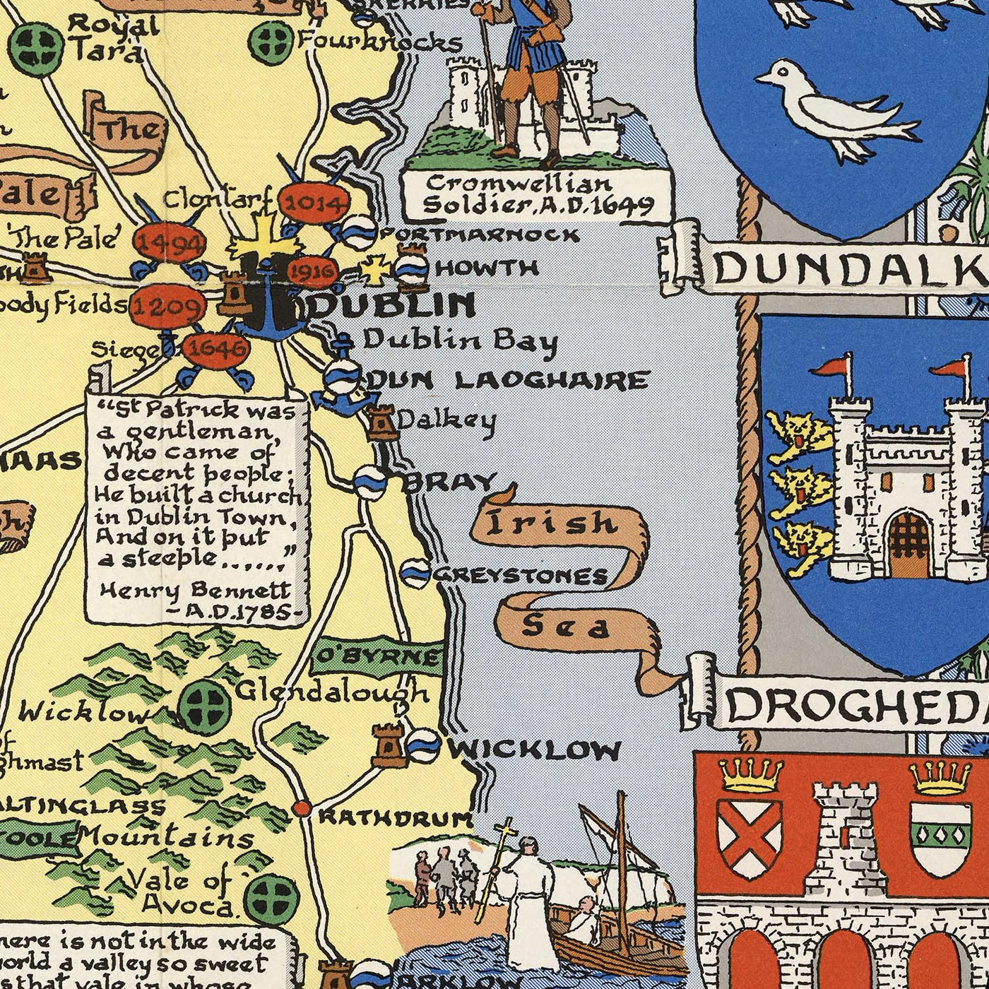 Alter bildlicher Stadtplan von Irland von Bullock, 1955: Historische Schlachten, Familiennamen, Wappen 