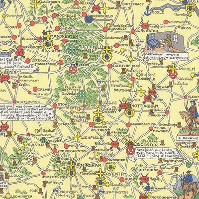 Antiguo mapa pictórico de Inglaterra y Gales de Bullock, 1958: Londres, castillos, ríos, escudos de armas, batallas