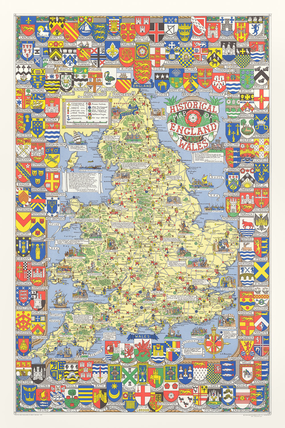 Alte Bildkarte von England und Wales von Bullock, 1958: London, Burgen, Flüsse, Wappen, Schlachten